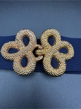 Vintage Motion East Navy Stretch Belt –Interlocking Clover Buckle 32-40", EUC
